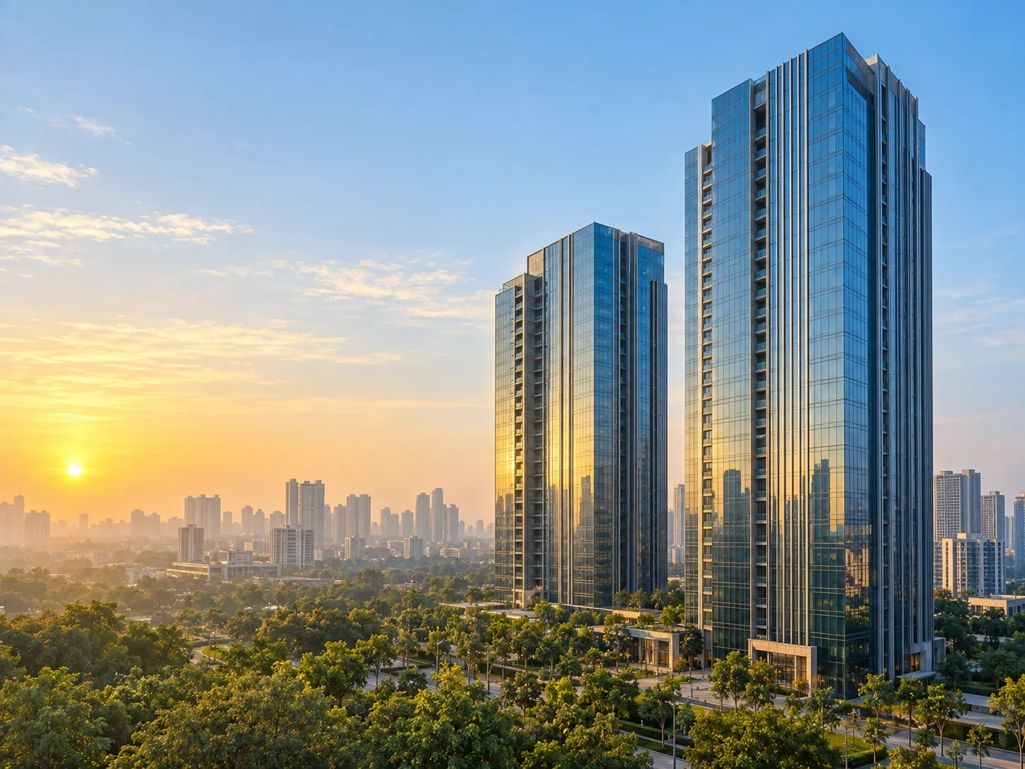 Modern glass residential towers above a green city skyline at sunrise